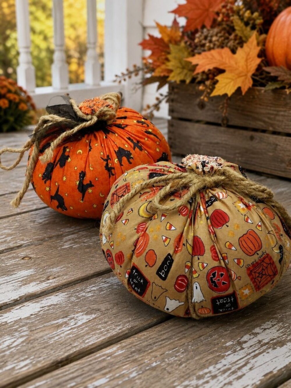 Handmade Halloween Fabric Pumpkins Set 2 Decorative Plush Spooky Twine Accents